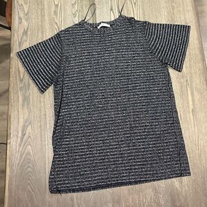 Zara Knit Sweater Top Short Sleeve Metallic Crewneck Black and Silver Large